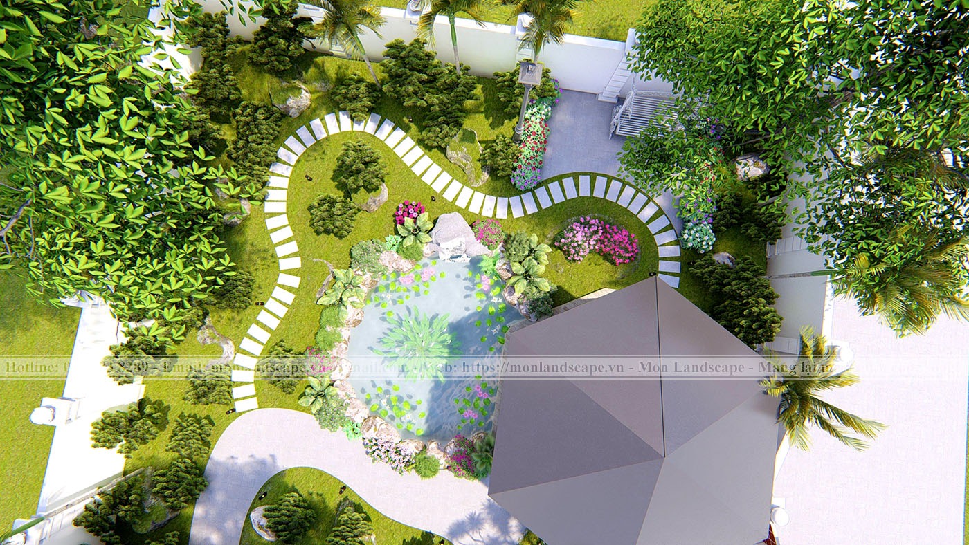Phương án thiết kế concept 3D sân vườn anh Ba - Mê Linh