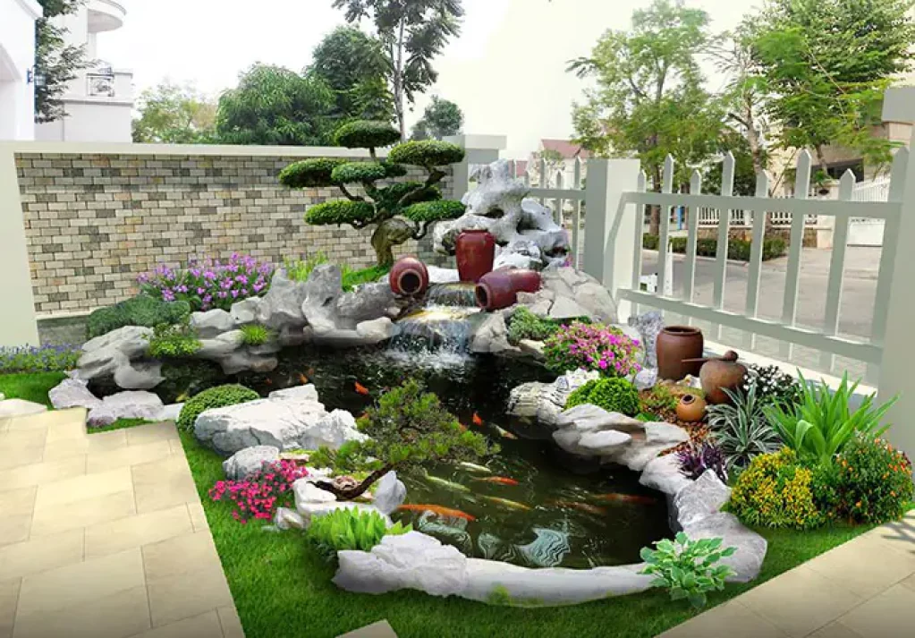 Cây xanh trồng quanh hồ cá koi