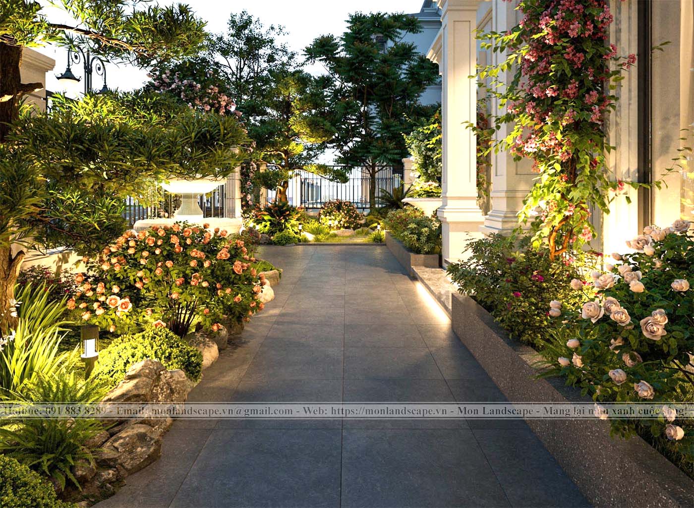 Phối cảnh sân vườn trước nhà chị Phương Khu Green Villas thuộc khu đô thị Vinhomes Smart City